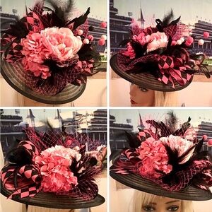 Black Wide-Brim Hat with Pink Floral and Feather Accents